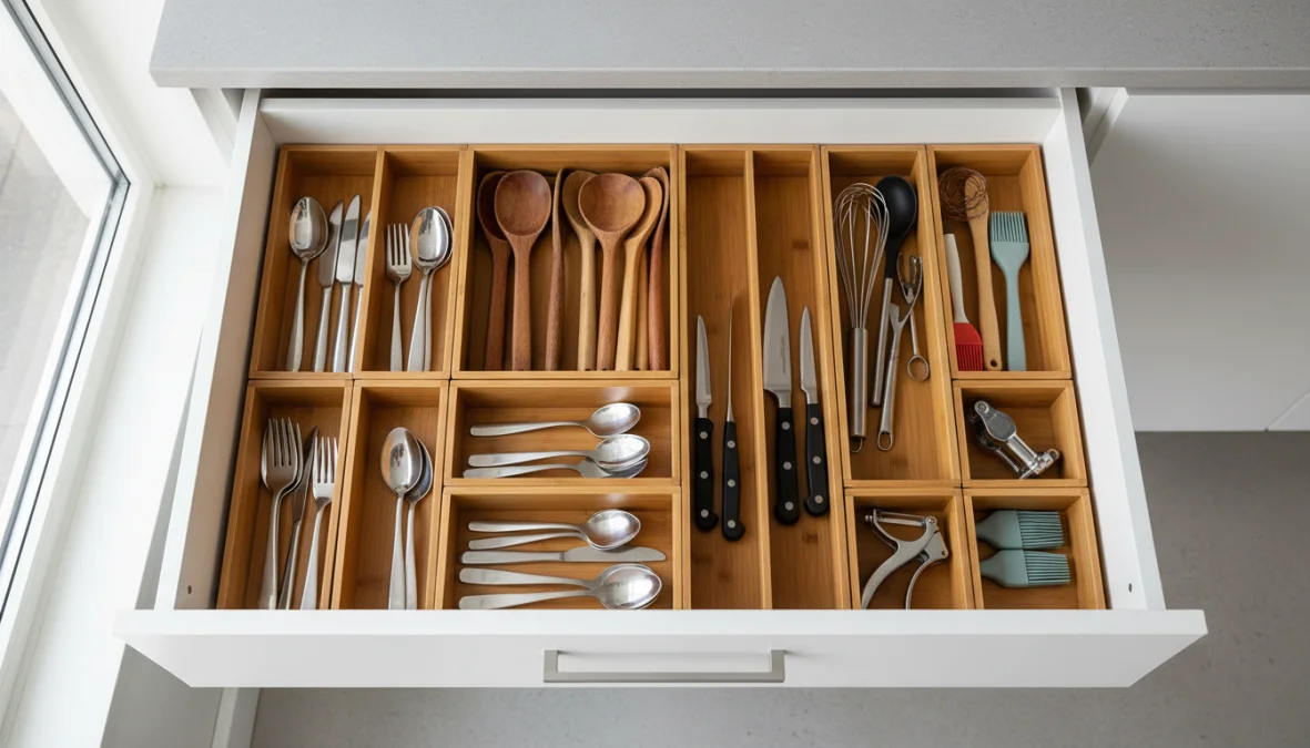 Cassetto della cucina organizzato con divisori e organizer per utensili e posate