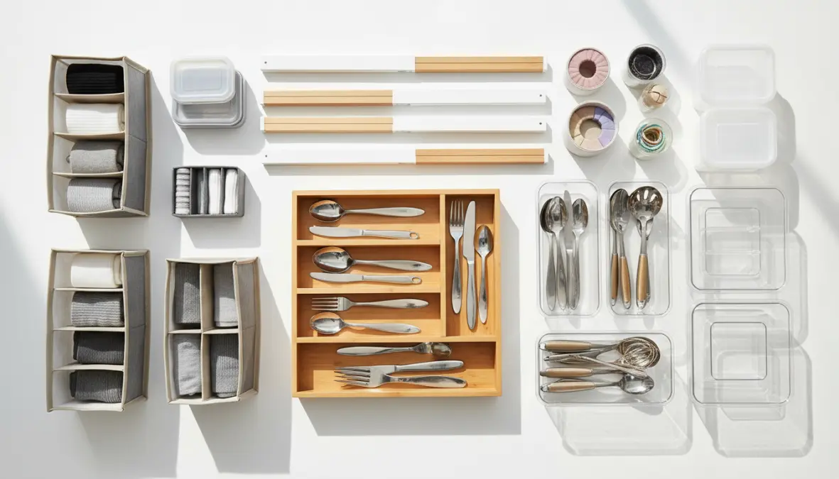 Diversi tipi di organizer cassetti e divisori per la casa in vari materiali