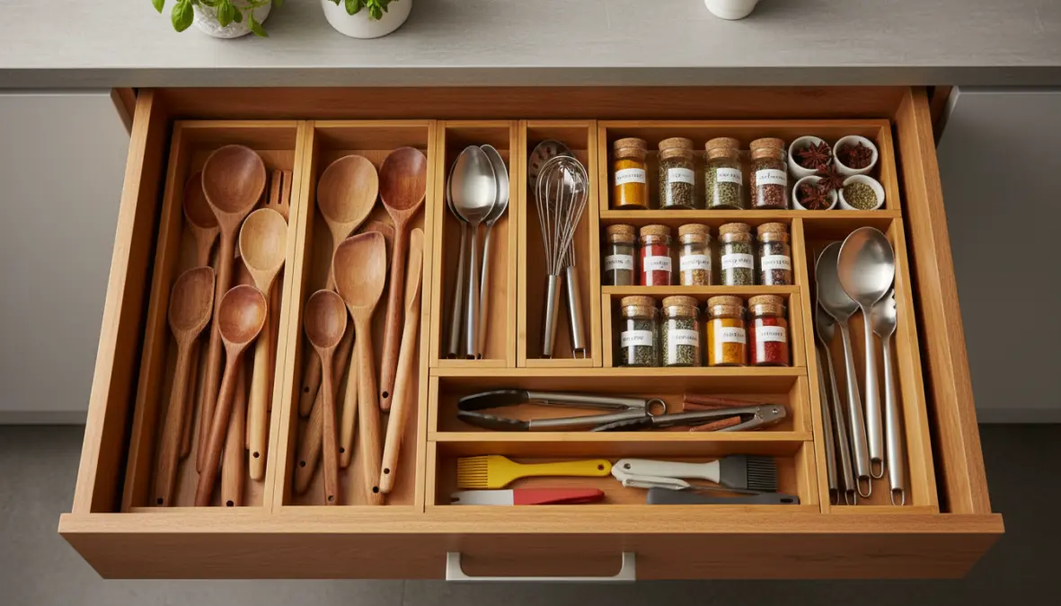 Organizer per cassetti cucina con utensili e spezie perfettamente organizzati