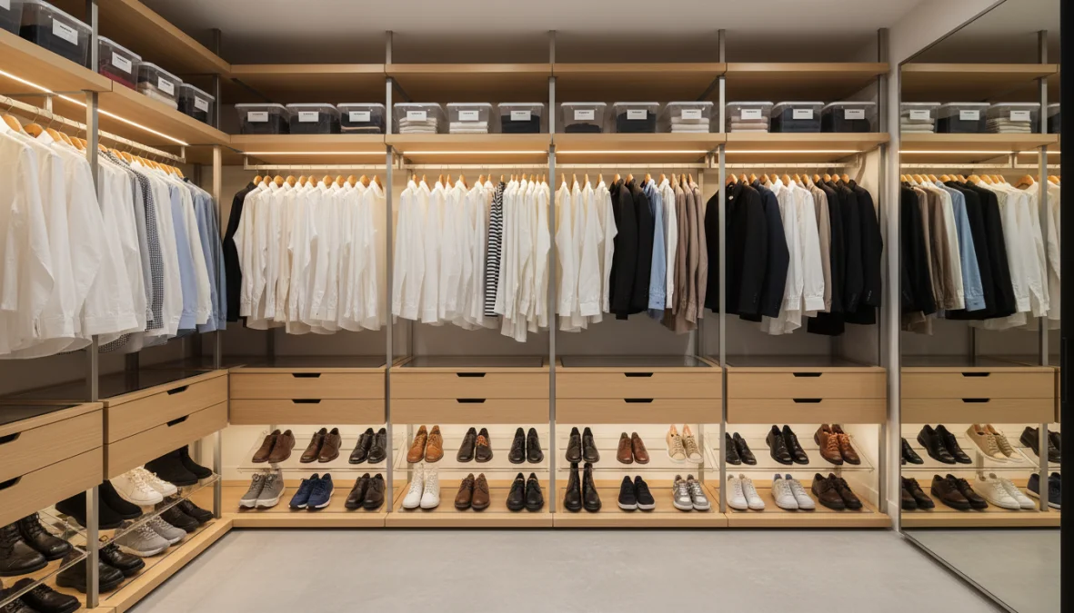 Cabina armadio perfettamente organizzata con scaffalature modulari e soluzioni salvaspazio