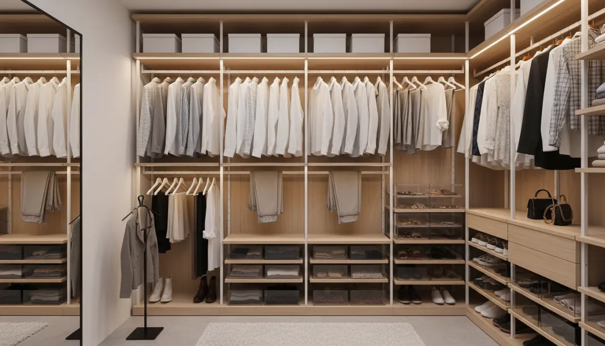 Cabina armadio piccola organizzata con scaffalature verticali e contenitori trasparenti