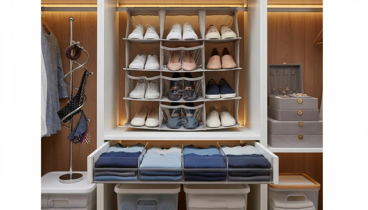 Accessori organizer per armadio con divisori cassetti e contenitori salvaspazio