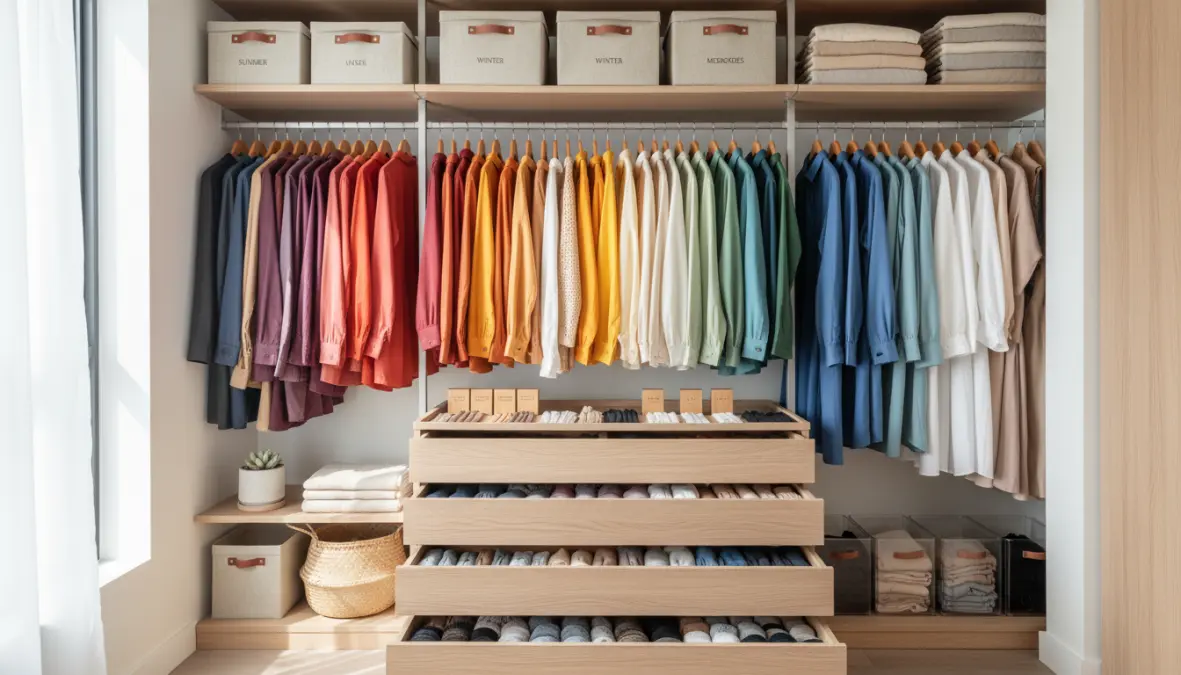 Organizzazione guardaroba con metodo KonMari e vestiti piegati verticalmente