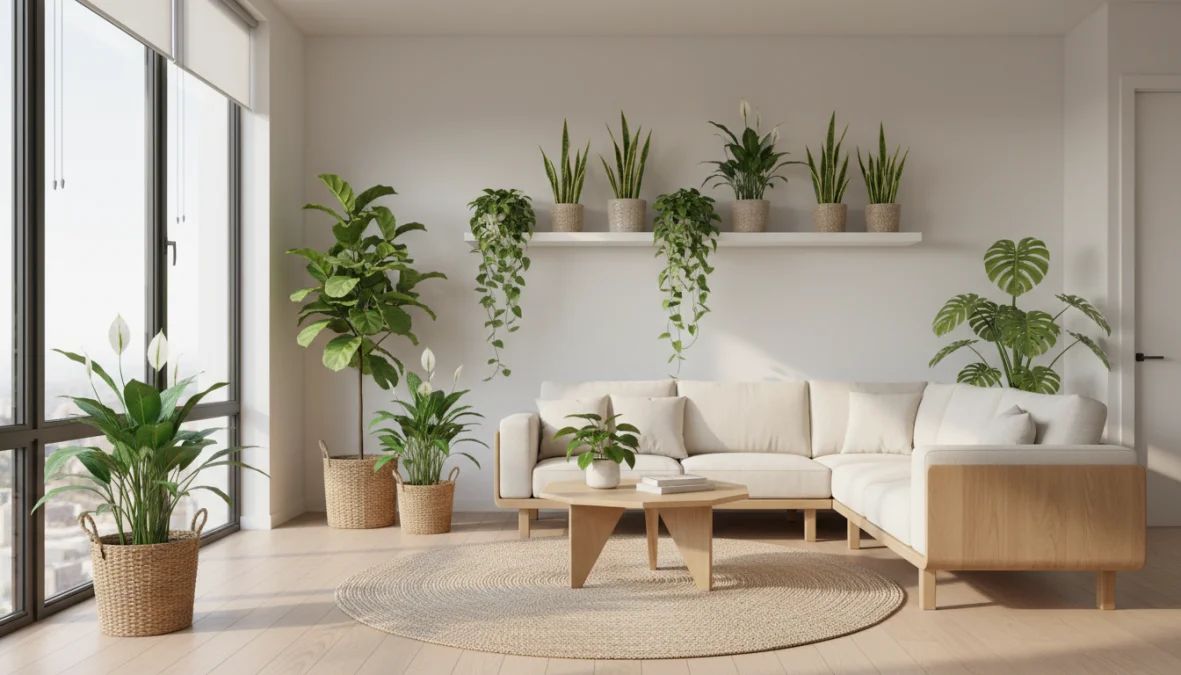 Piante che purificano aria in un luminoso soggiorno moderno con diverse specie purificatrici