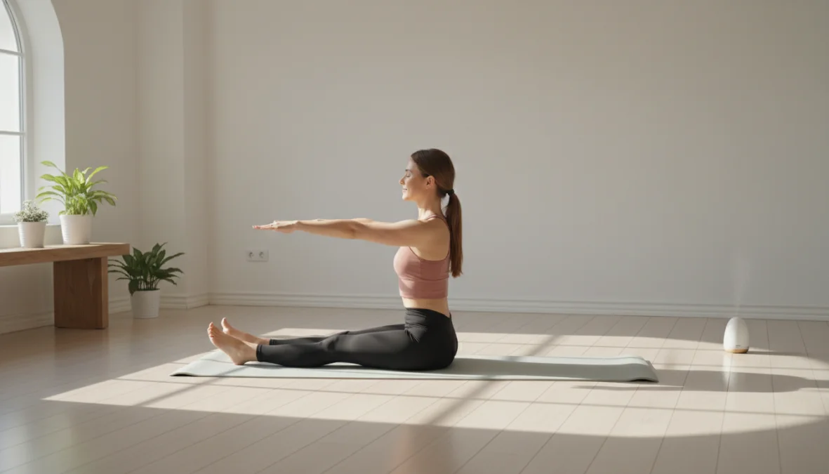 Donna che pratica pilates per principianti su tappetino a casa con luce naturale