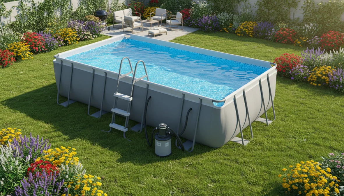 Piscina fuori terra rigida rettangolare installata in giardino con accessori