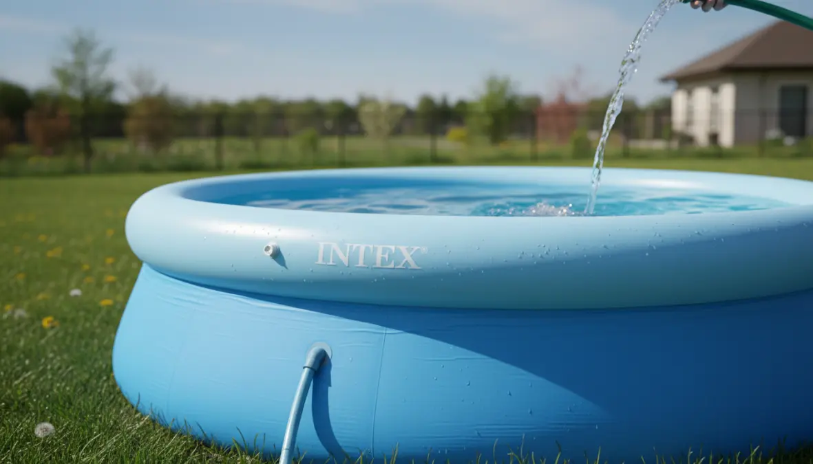 Piscina fuori terra autoportante con anello gonfiabile superiore in fase di riempimento