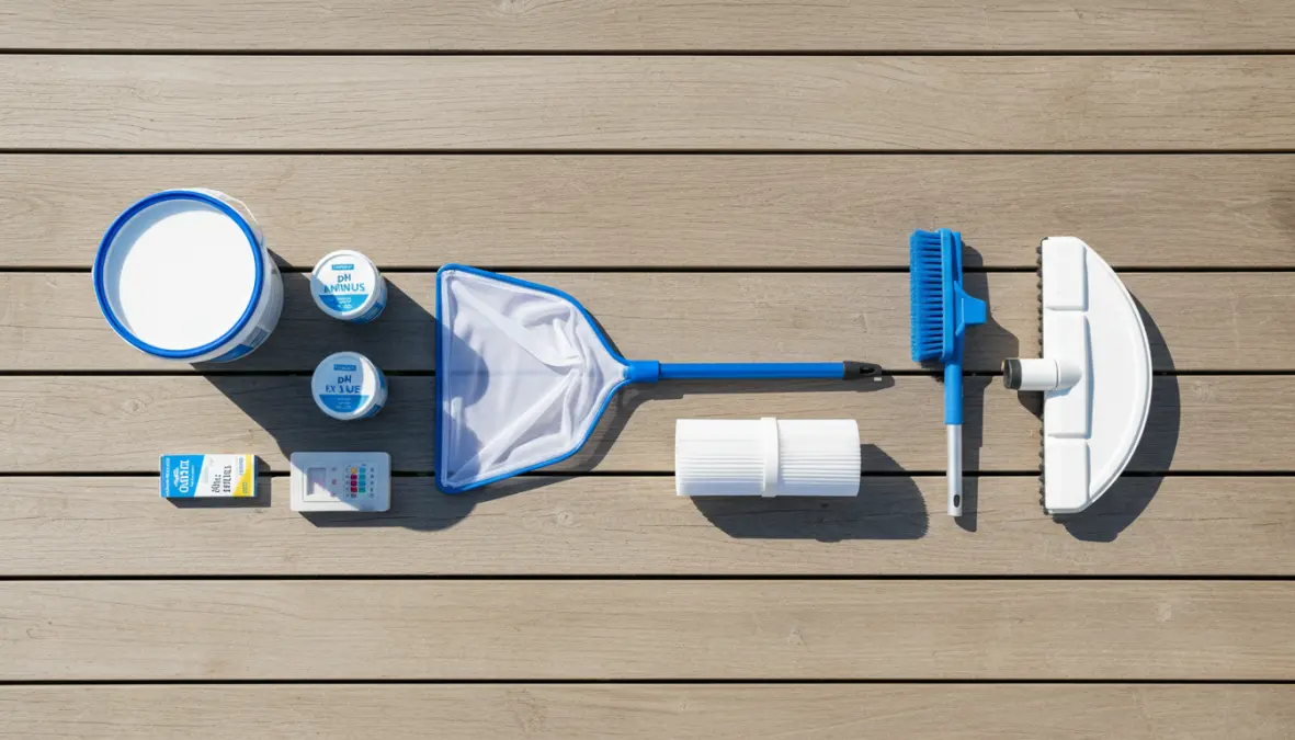 Accessori per manutenzione piscina fuori terra: cloro, kit test pH e attrezzi pulizia