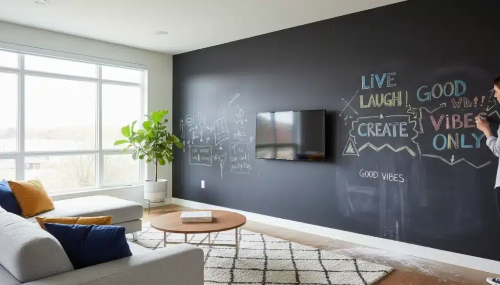 Parete con pittura lavagna grigia in soggiorno moderno con gessetti colorati