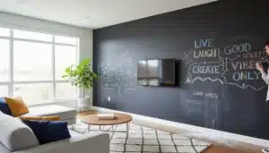 Parete con pittura lavagna grigia in soggiorno moderno con gessetti colorati