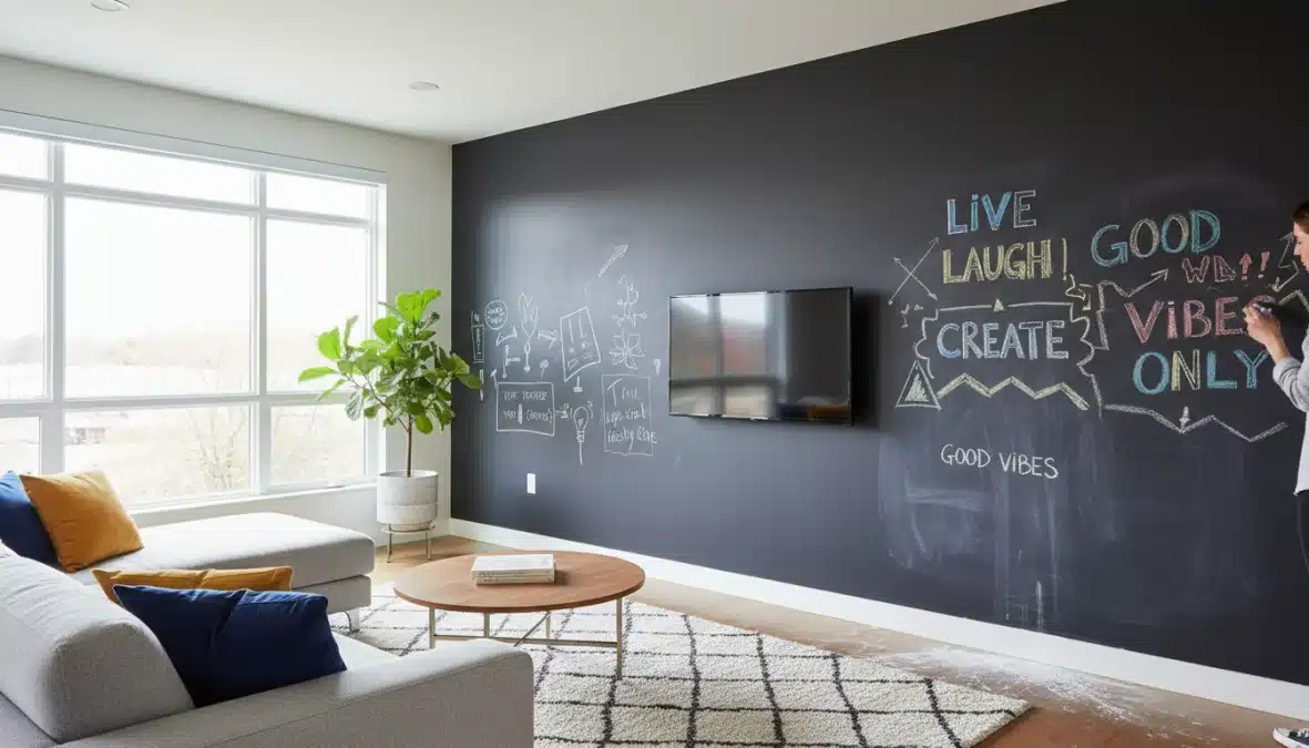 Parete con pittura lavagna grigia in soggiorno moderno con gessetti colorati