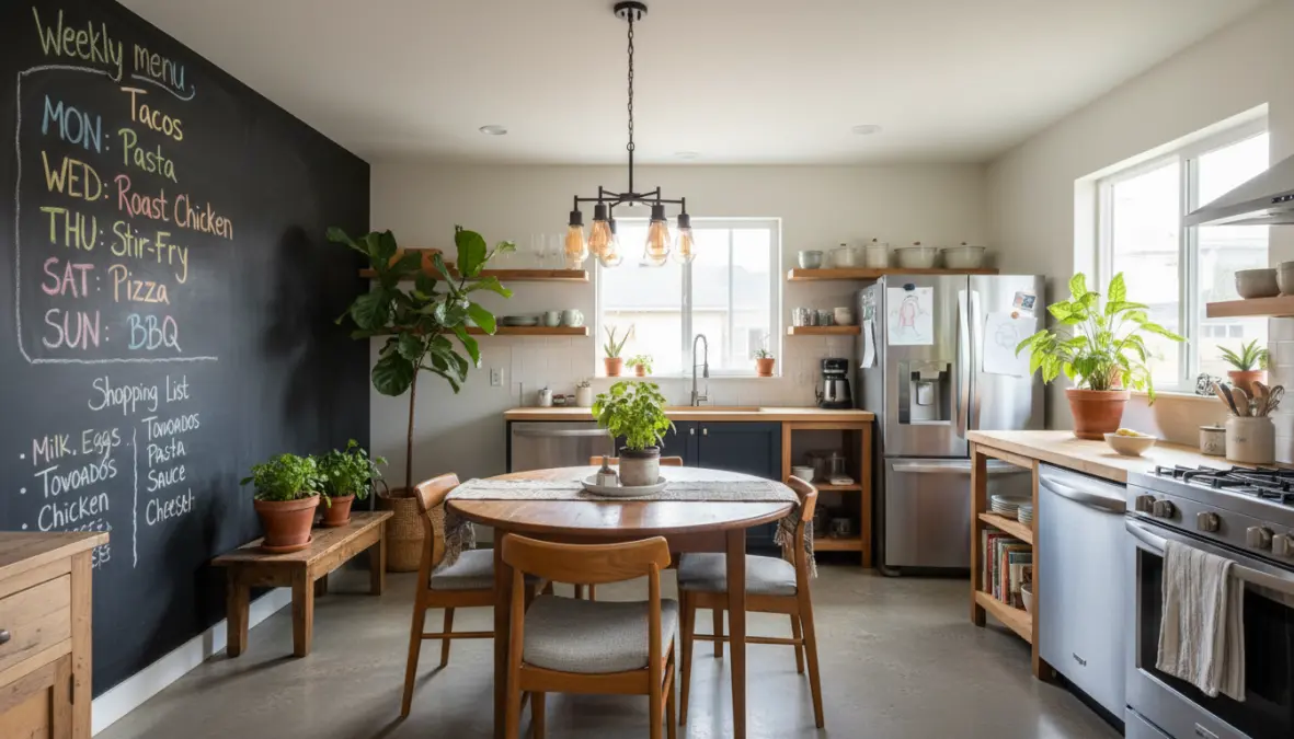 Parete lavagna colorata in cucina con menu settimanale e lista della spesa