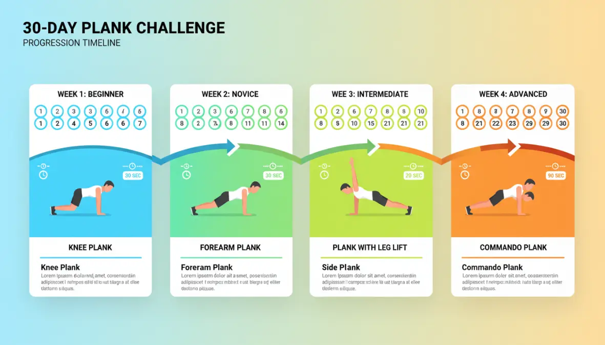 Schema progressivo di 30 day plank challenge con varianti dal livello principiante ad avanzato