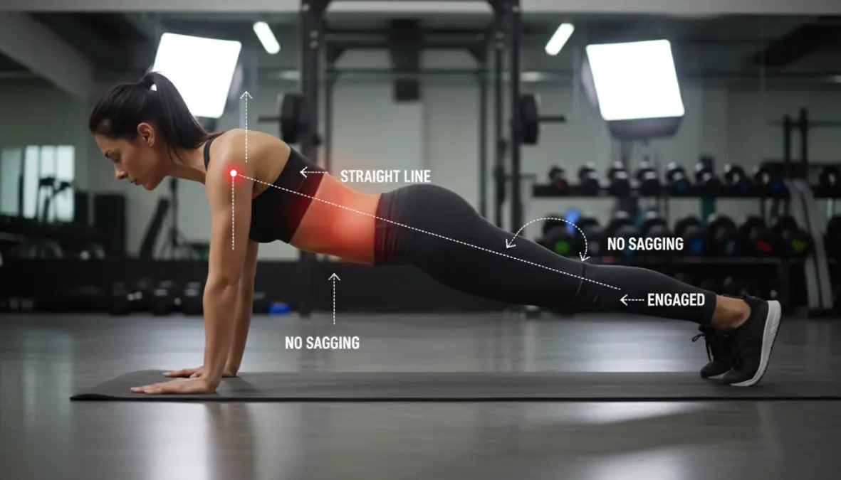 Tecnica corretta per eseguire il plank con allineamento posturale e attivazione del core