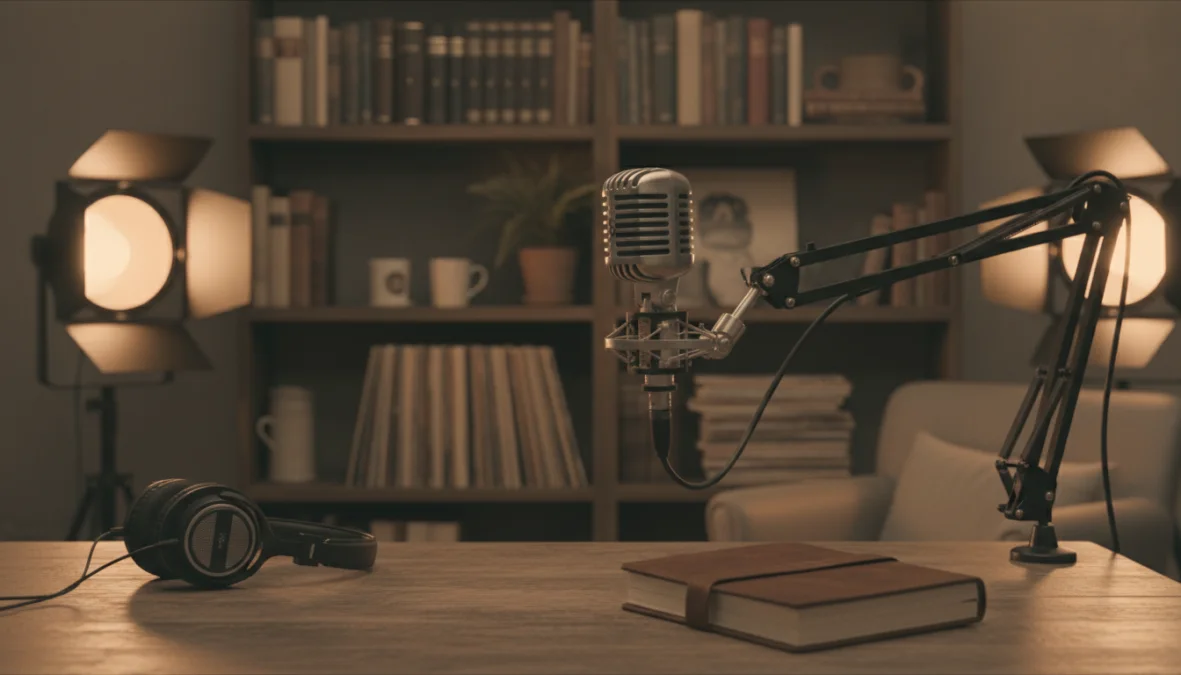 Setup professionale per registrazione podcast italiani con microfono e libri sullo sfondo