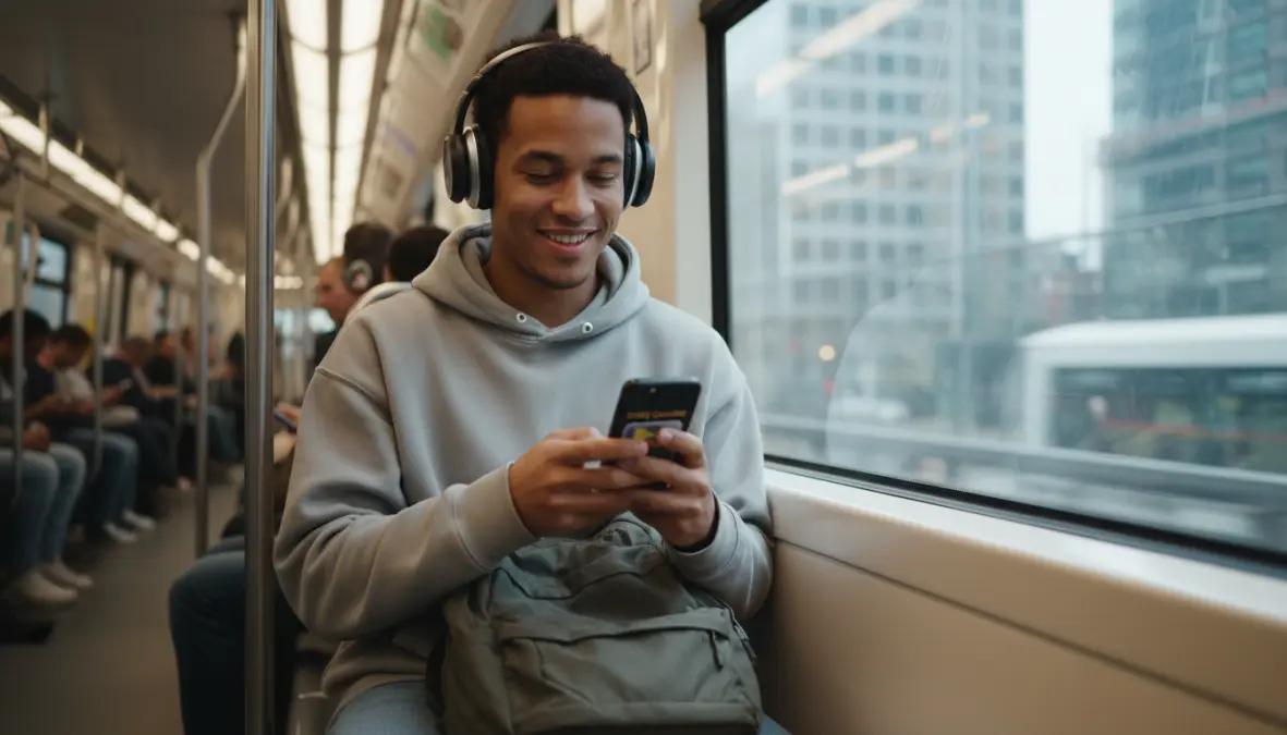 Persona che ascolta podcast italiani su smartphone con cuffie durante il tragitto quotidiano