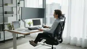 Postazione di lavoro ergonomica con postura corretta al computer e scrivania regolata correttamente