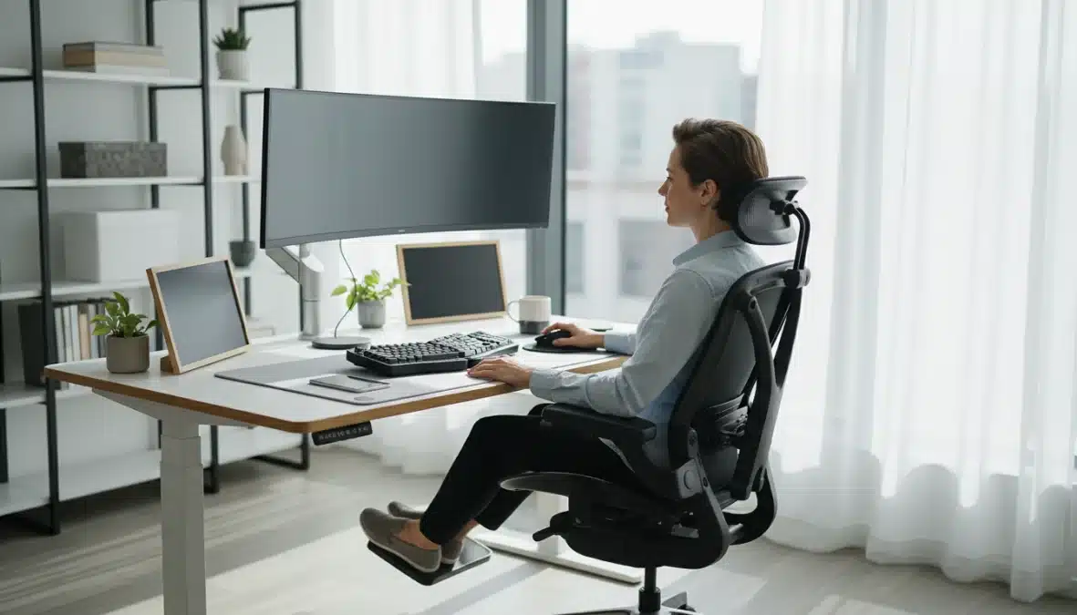 Postazione di lavoro ergonomica con postura corretta al computer e scrivania regolata correttamente