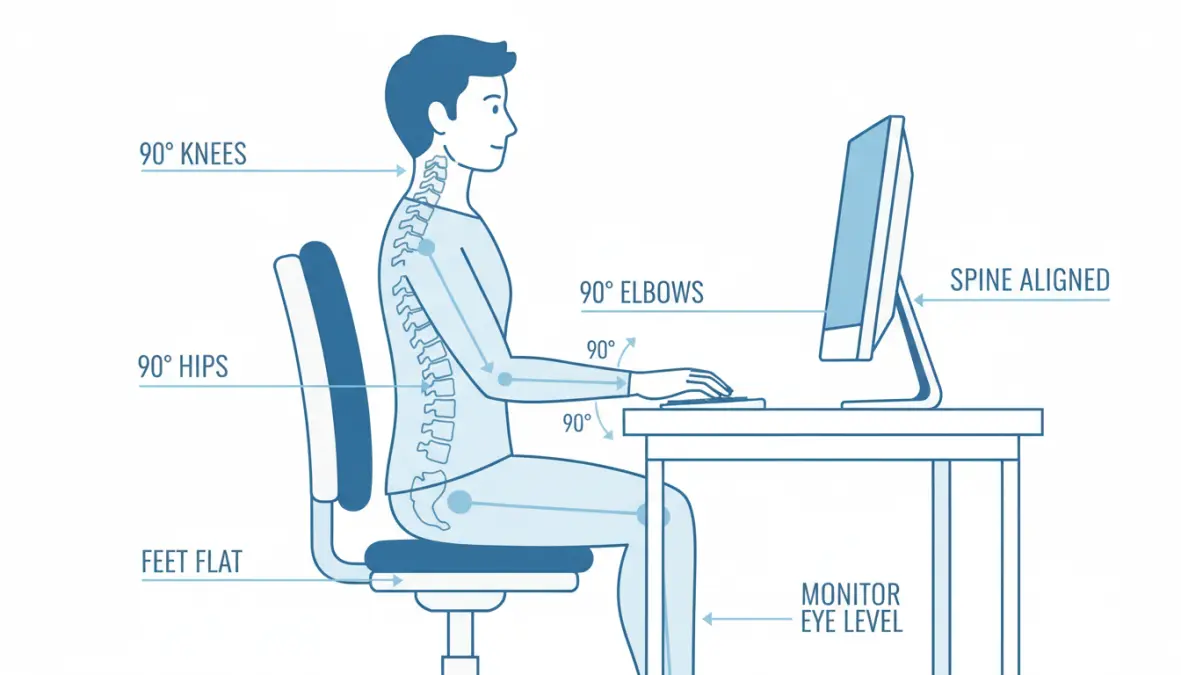 Diagramma della posizione corretta al pc con angoli di 90 gradi e postura ergonomica ideale