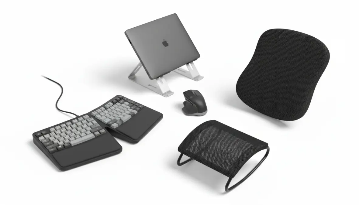 Accessori ergonomici per computer: mouse verticale, tastiera ergonomica, supporto lombare e poggiapiedi