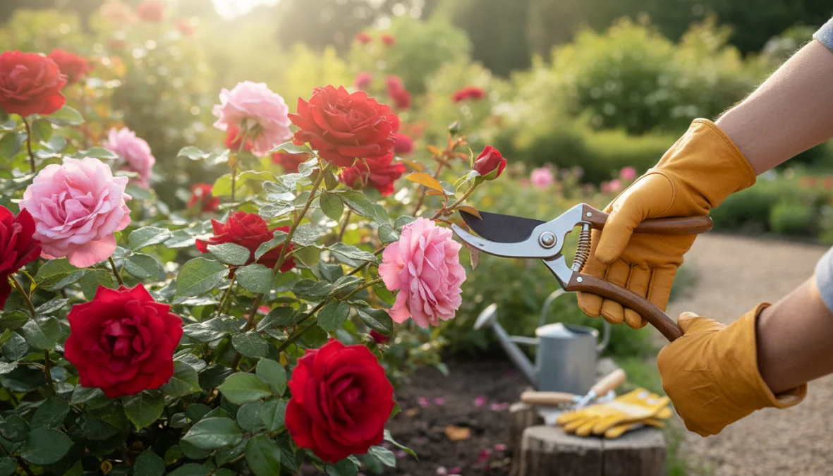 Potatura rose con cesoie da giardino su rosai in fiore