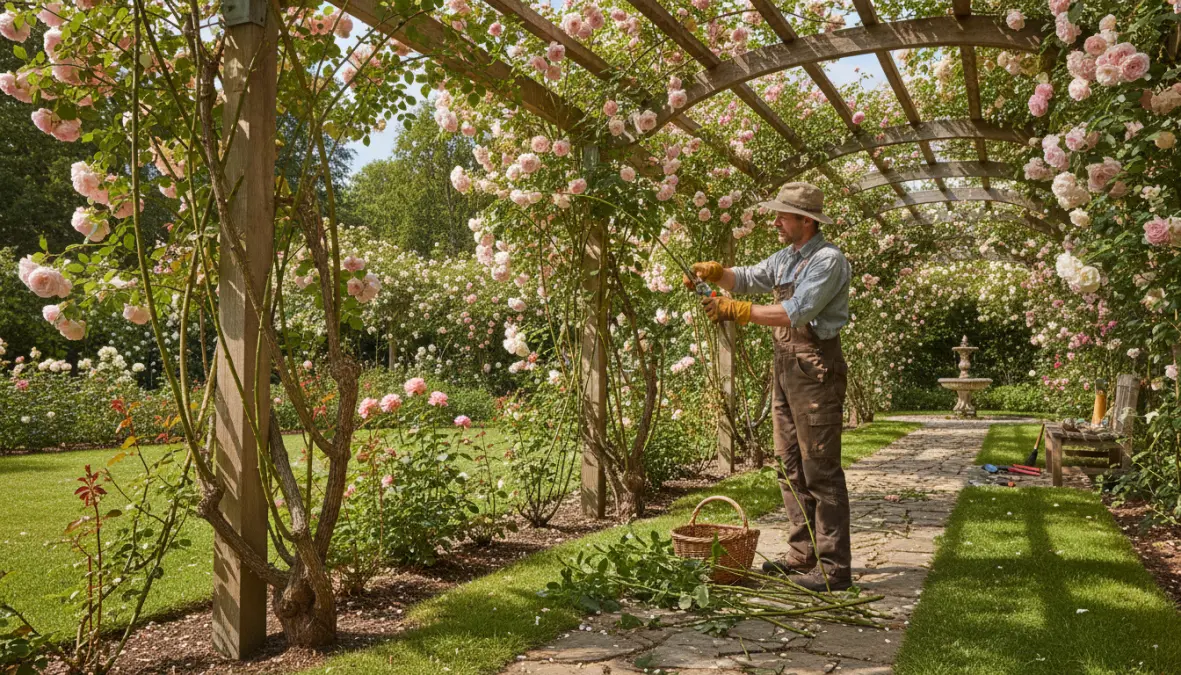 Potatura rose rampicanti su pergolato con tecnica corretta