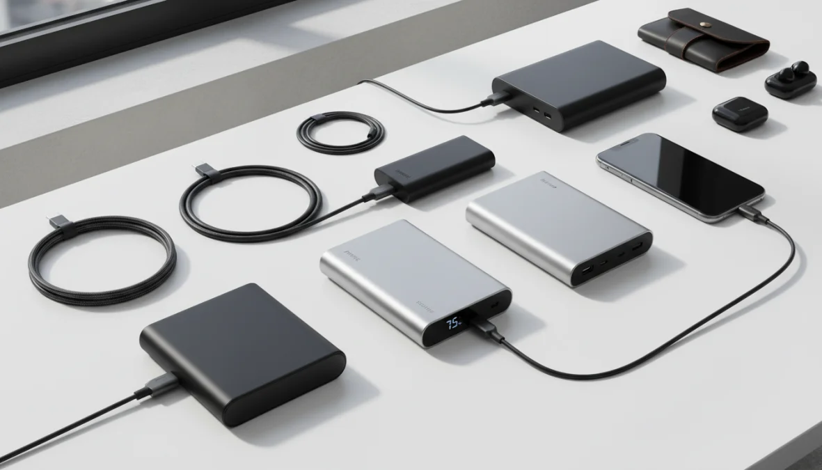 Powerbank migliori e batterie portatili disposte su scrivania per confronto capacità