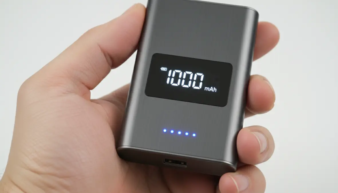 Display capacità mAh su powerbank moderno con indicatori LED batteria