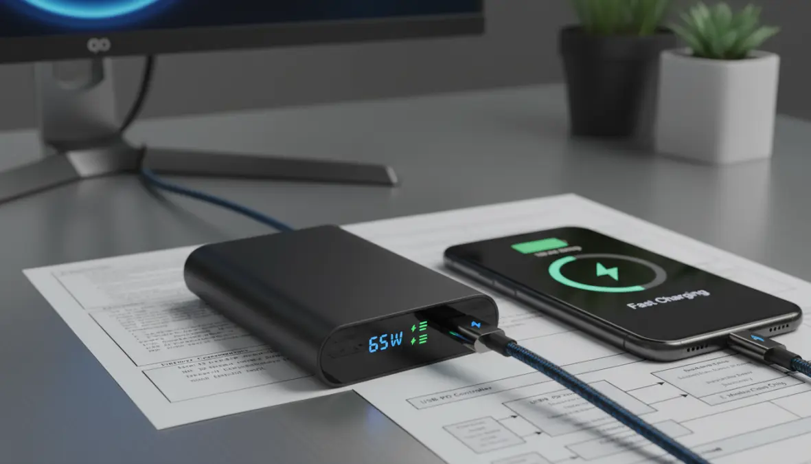 Powerbank ricarica rapida USB-C Power Delivery durante caricamento smartphone