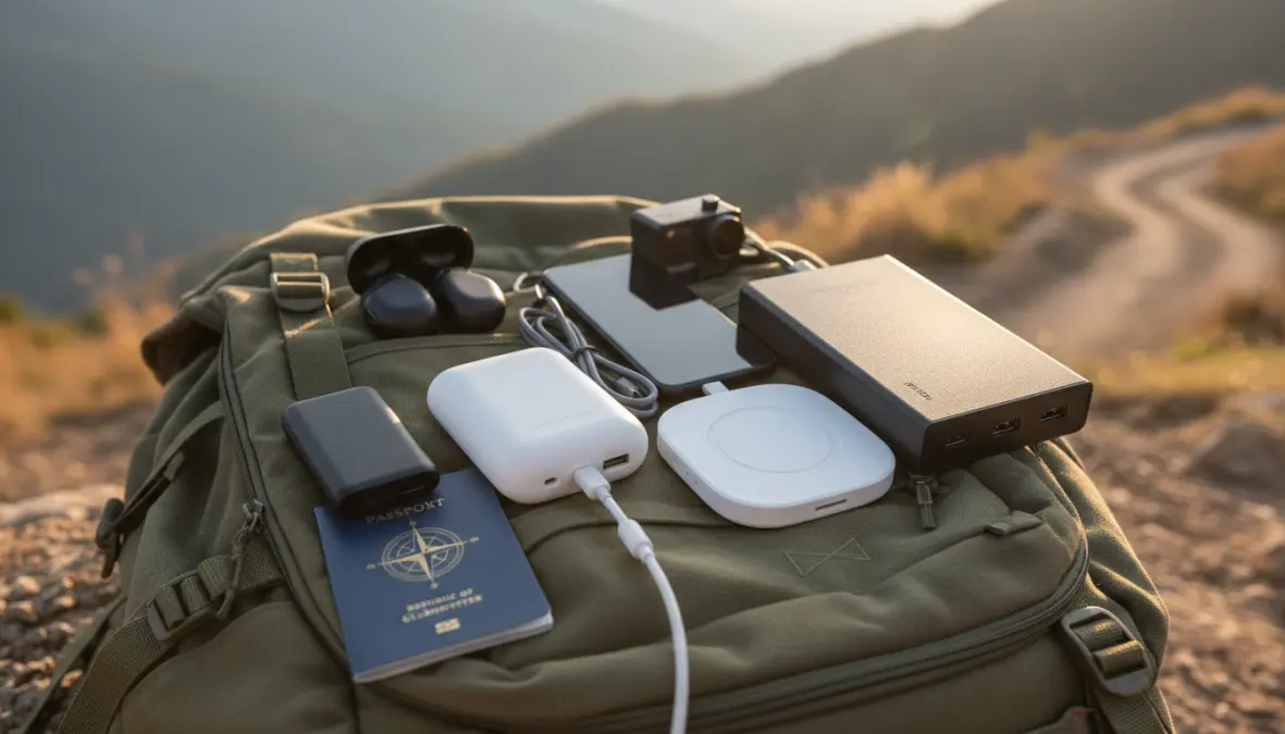 Diverse tipologie powerbank per viaggi e uso quotidiano con accessori tecnologici