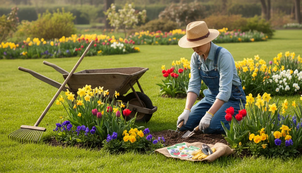 Preparare il giardino alla primavera con attrezzi e fiori colorati