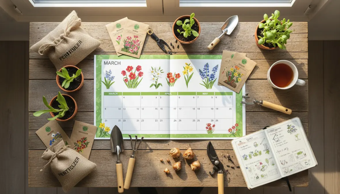 Calendario dei lavori in giardino primavera con attrezzi e semi