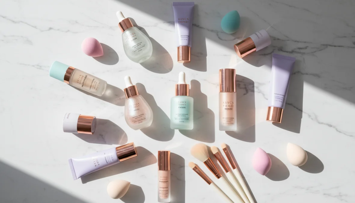 Diversi tipi di primer viso per makeup disposti su superficie elegante con strumenti di applicazione