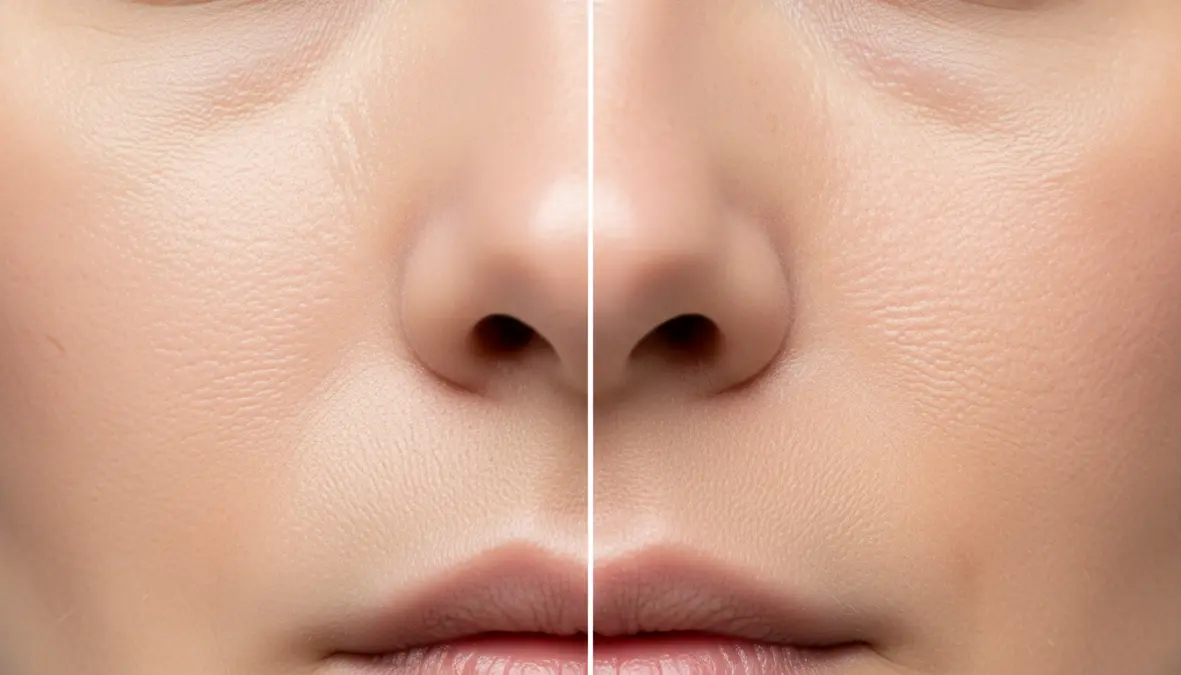 Confronto pelle con e senza primer viso che mostra la differenza nella texture e nei pori dilatati