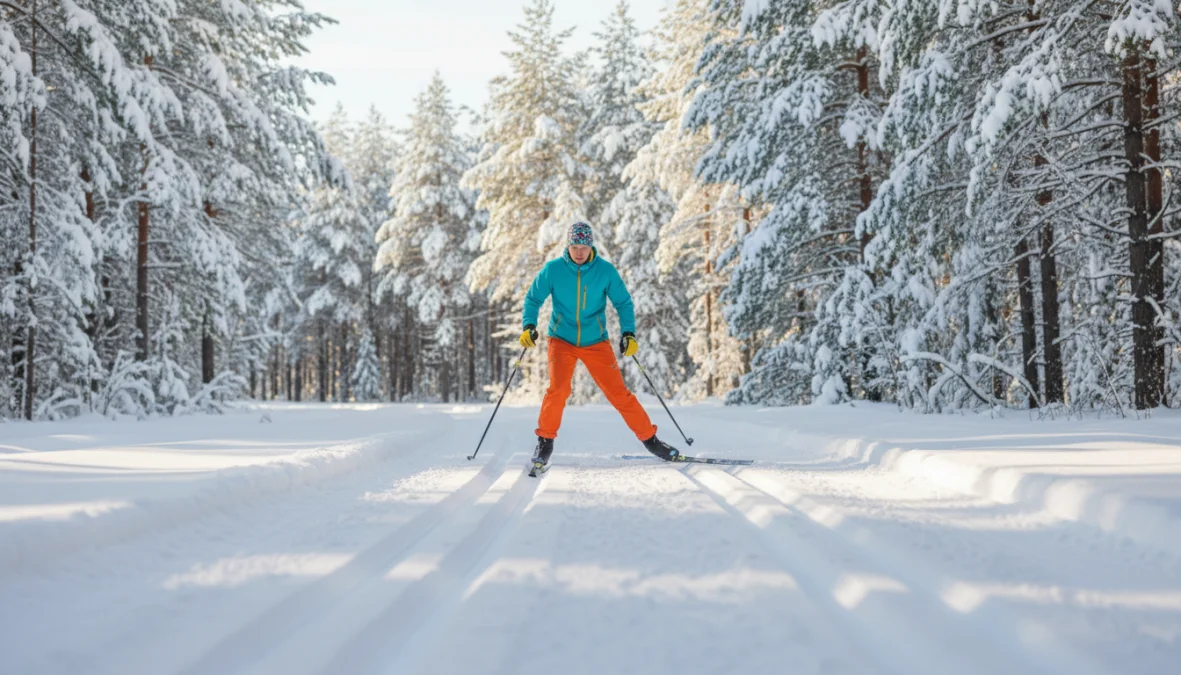 Principiante che pratica sci di fondo su pista battuta in ambiente montano innevato