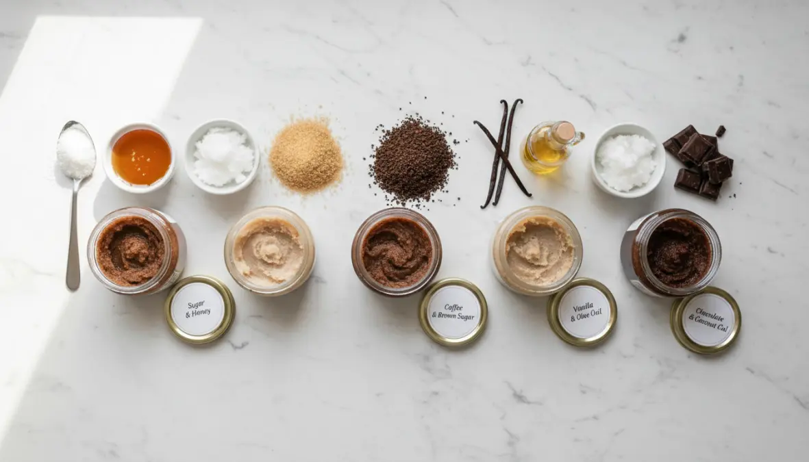 Cinque ricette di scrub labbra fai da te con ingredienti naturali disposti su tavolo