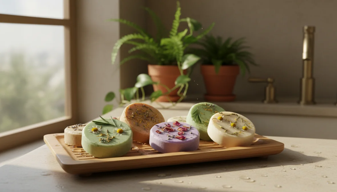 Shampoo solido naturale su superficie di bambù in bagno ecologico