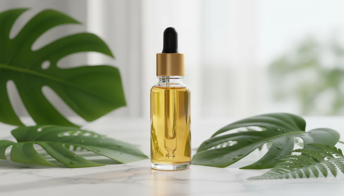 Flacone di siero viso con contagocce su superficie marmorea, prodotto per skincare routine