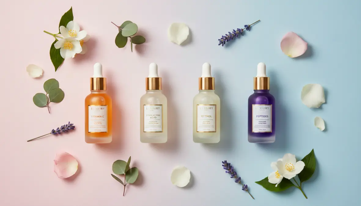 Diverse tipologie di siero viso antirughe, vitamina C e acido ialuronico disposte su sfondo chiaro