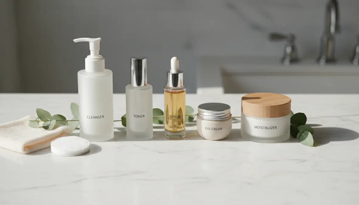Prodotti per skincare routine completa con siero viso, crema idratante e tonico in sequenza