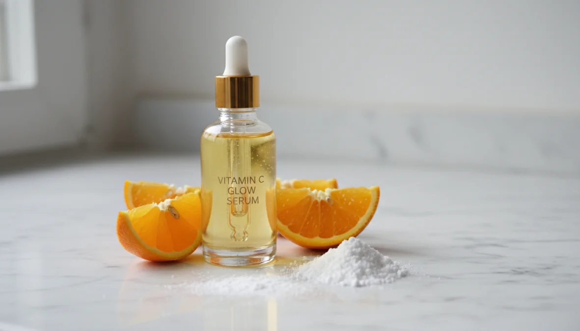Siero vitamina C viso con contagocce su superficie in marmo con ingredienti naturali