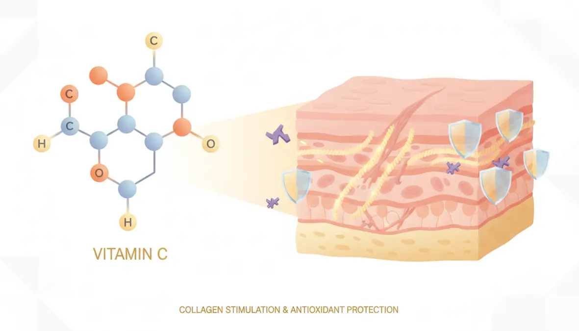 Illustrazione scientifica dell'azione della vitamina C sulla pelle e produzione di collagene