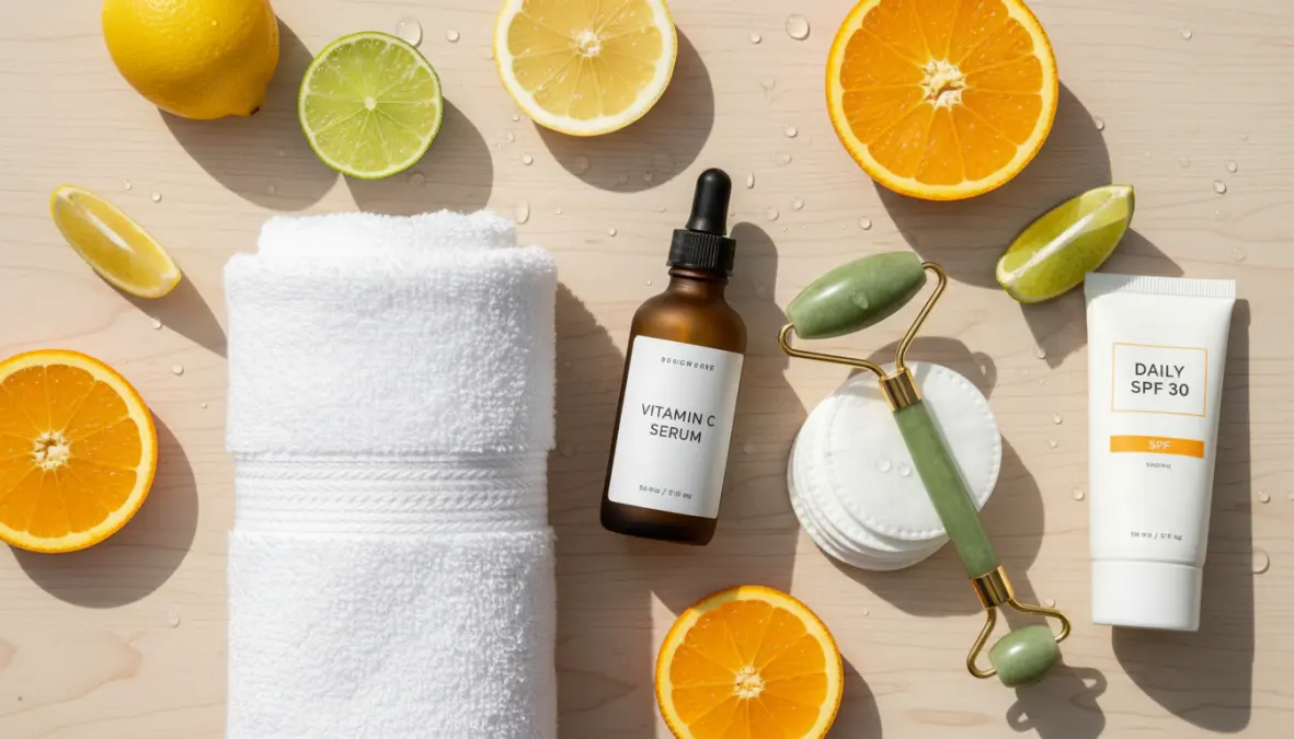 Routine mattutina skincare con siero vitamina C e prodotti per la cura del viso