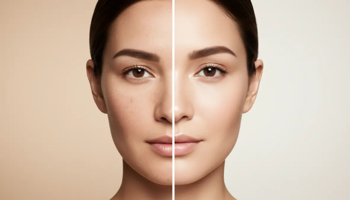 Prima e dopo il trattamento con siero vitamina C su pelle del viso con macchie e discromie