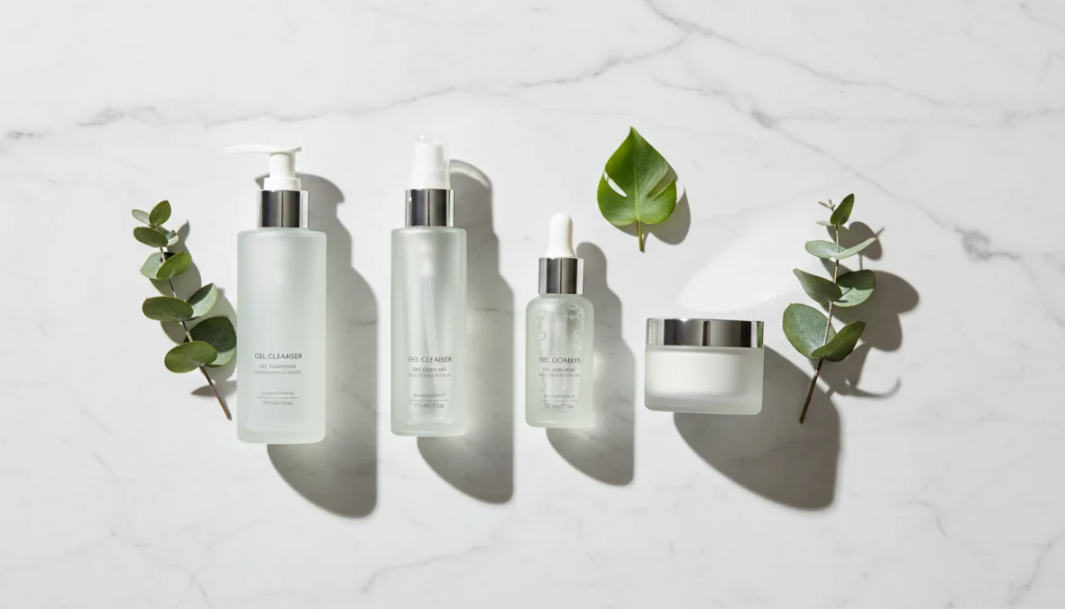 Prodotti per skincare pelle mista disposti su superficie marmo bianco