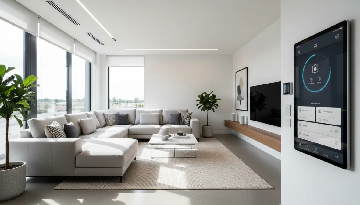 Interno di casa moderna con dispositivi smart home e sistema domotica integrato