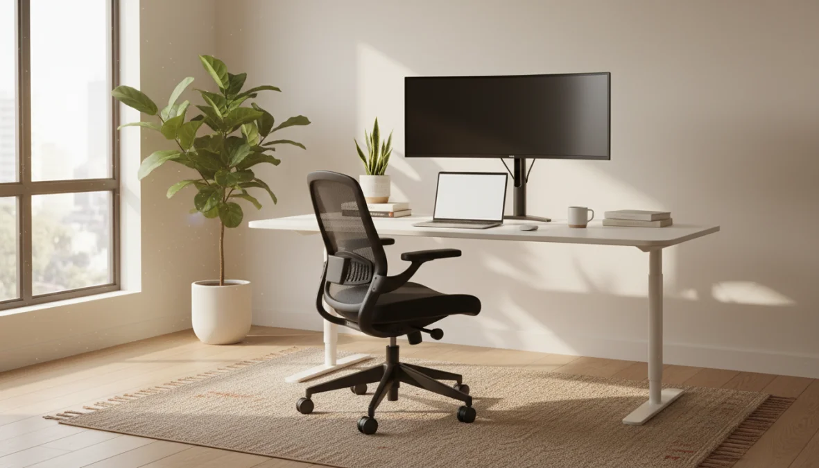 Postazione smart working efficace con scrivania ergonomica e organizzazione home office ottimale
