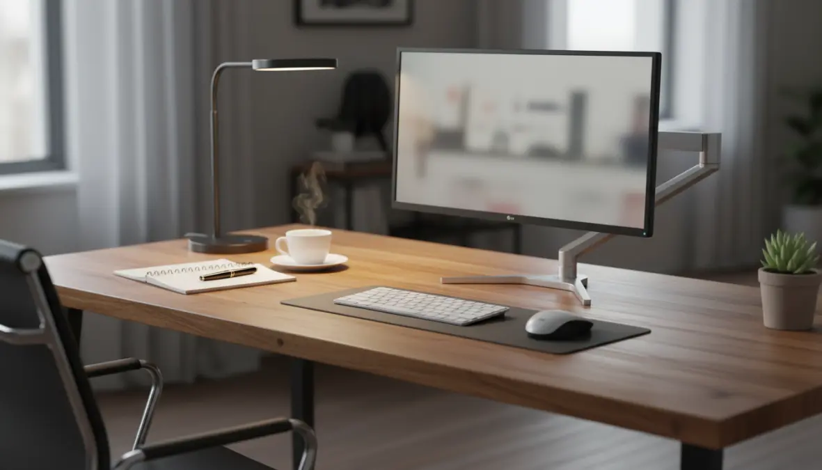 Postazione lavoro casa ergonomica con monitor esterno e setup smart working professionale