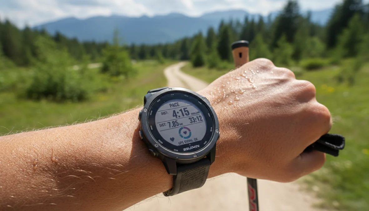 Smartwatch sportivo al polso di un runner durante l'allenamento con GPS attivo