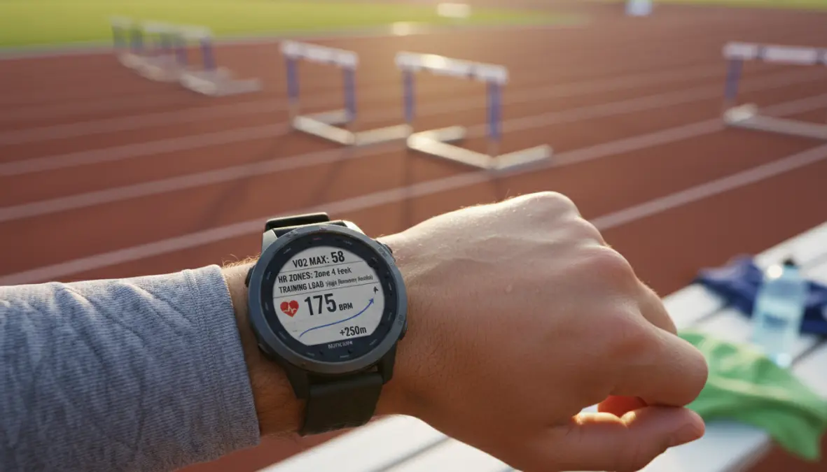 Display di smartwatch running GPS con metriche avanzate di allenamento e frequenza cardiaca